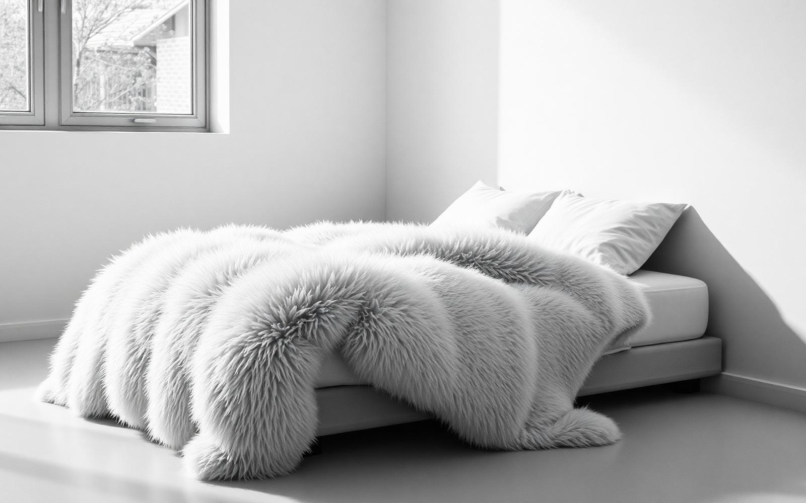Coberdrom felpudo sobre cama minimalista com luz de janela